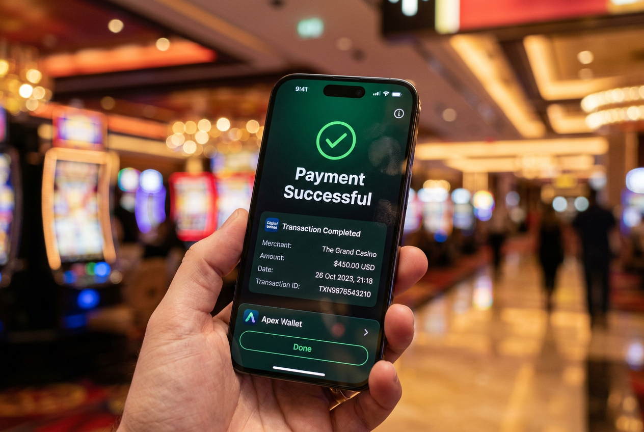 Detailní pohled na digitální peněženku se schválenou transakcí pro online casino