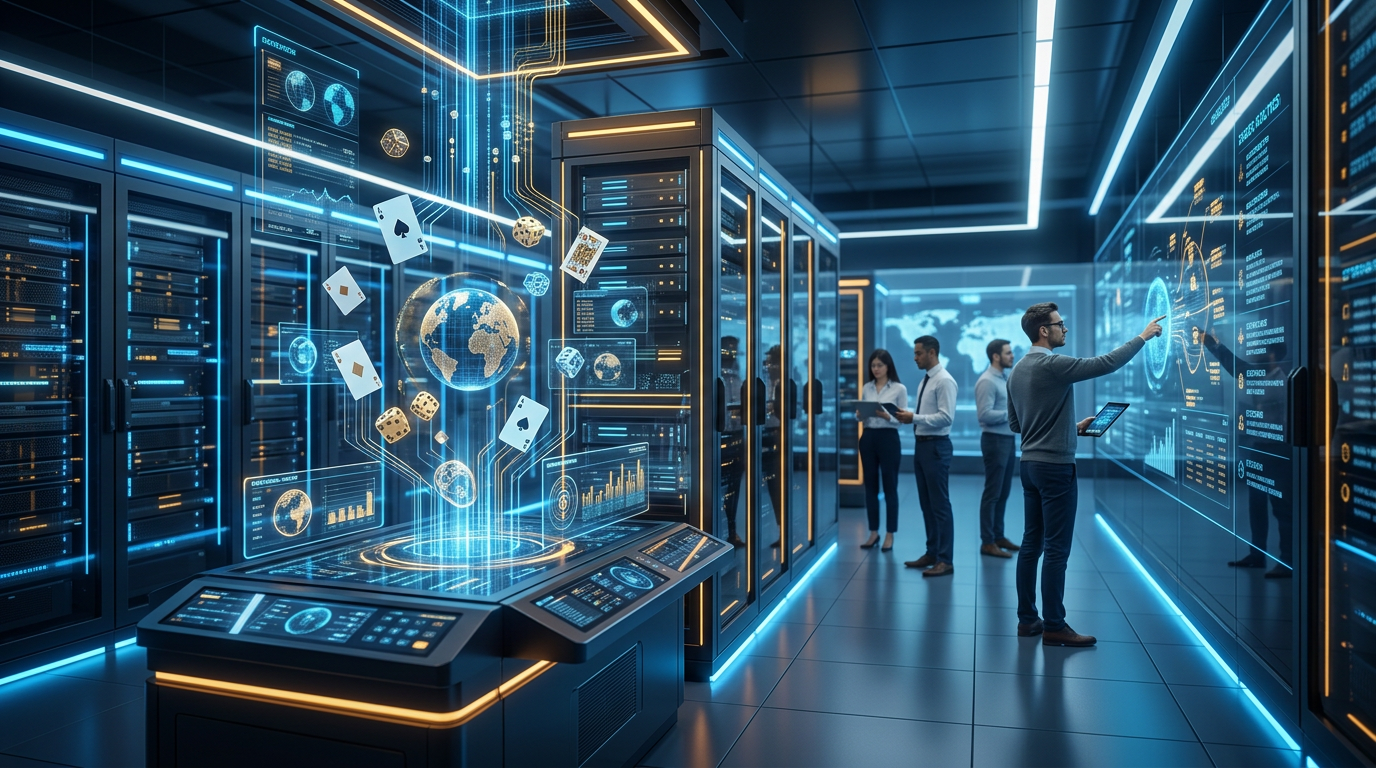 Futuristické technologické prostředí s digitálními prvky hazardních her a datovými servery