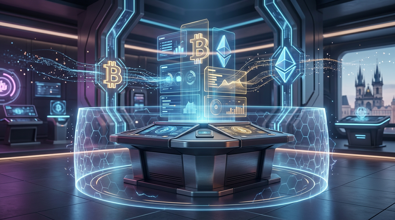 Futuristické krypto kasino s digitálními rozhraními a bezpečnostními prvky