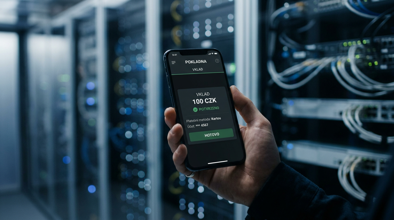 Smartphone displaying a casino deposit of 100 CZK in a high-tech environment