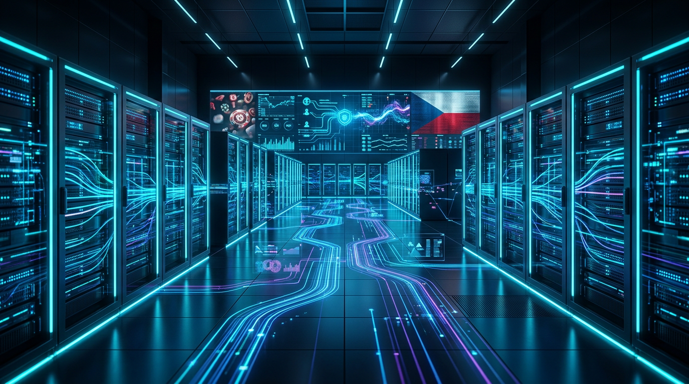Futuristické datové centrum představující technické zázemí moderního online kasina