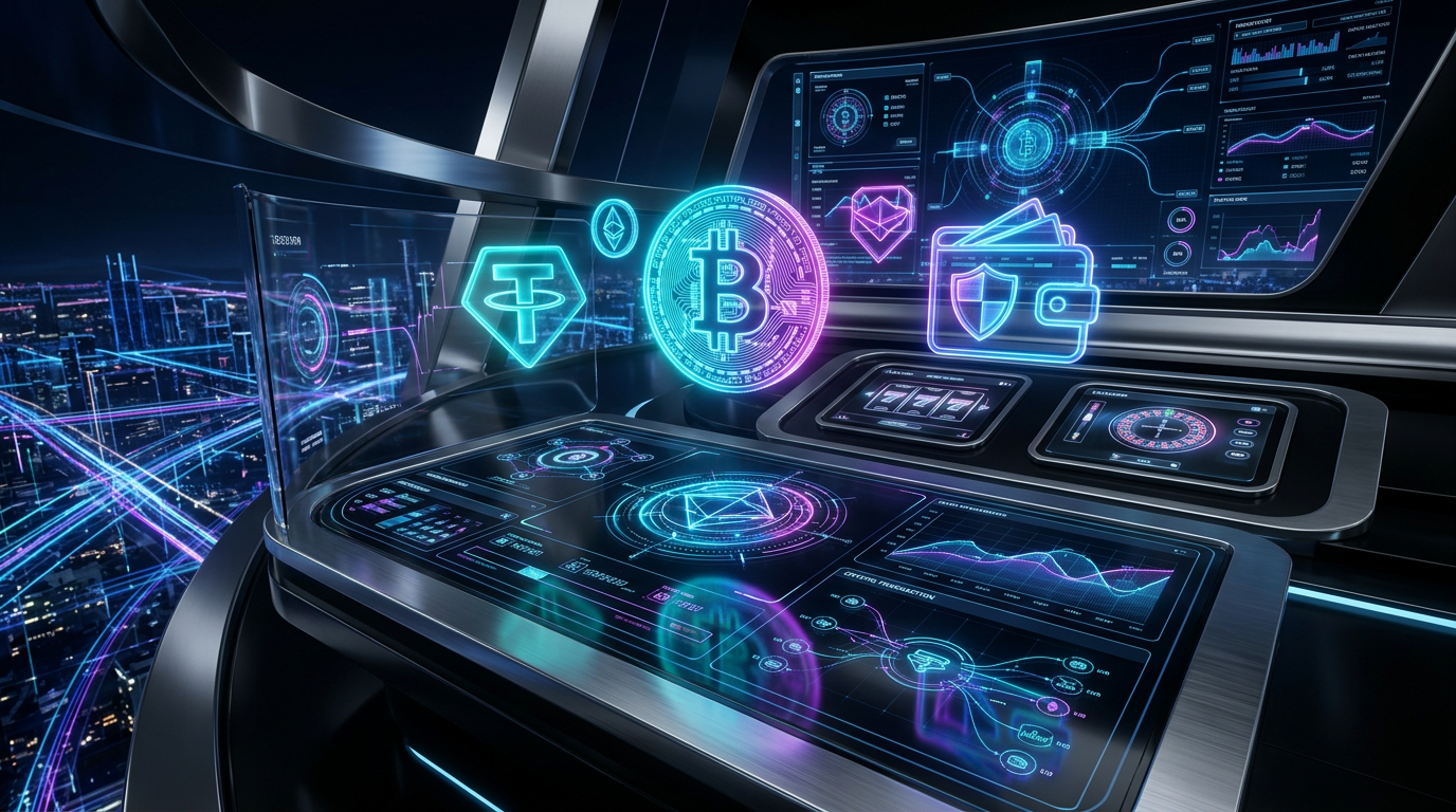 Abstraktní vizualizace online casina bez bankovního účtu v roce 2026 s krypto symboly