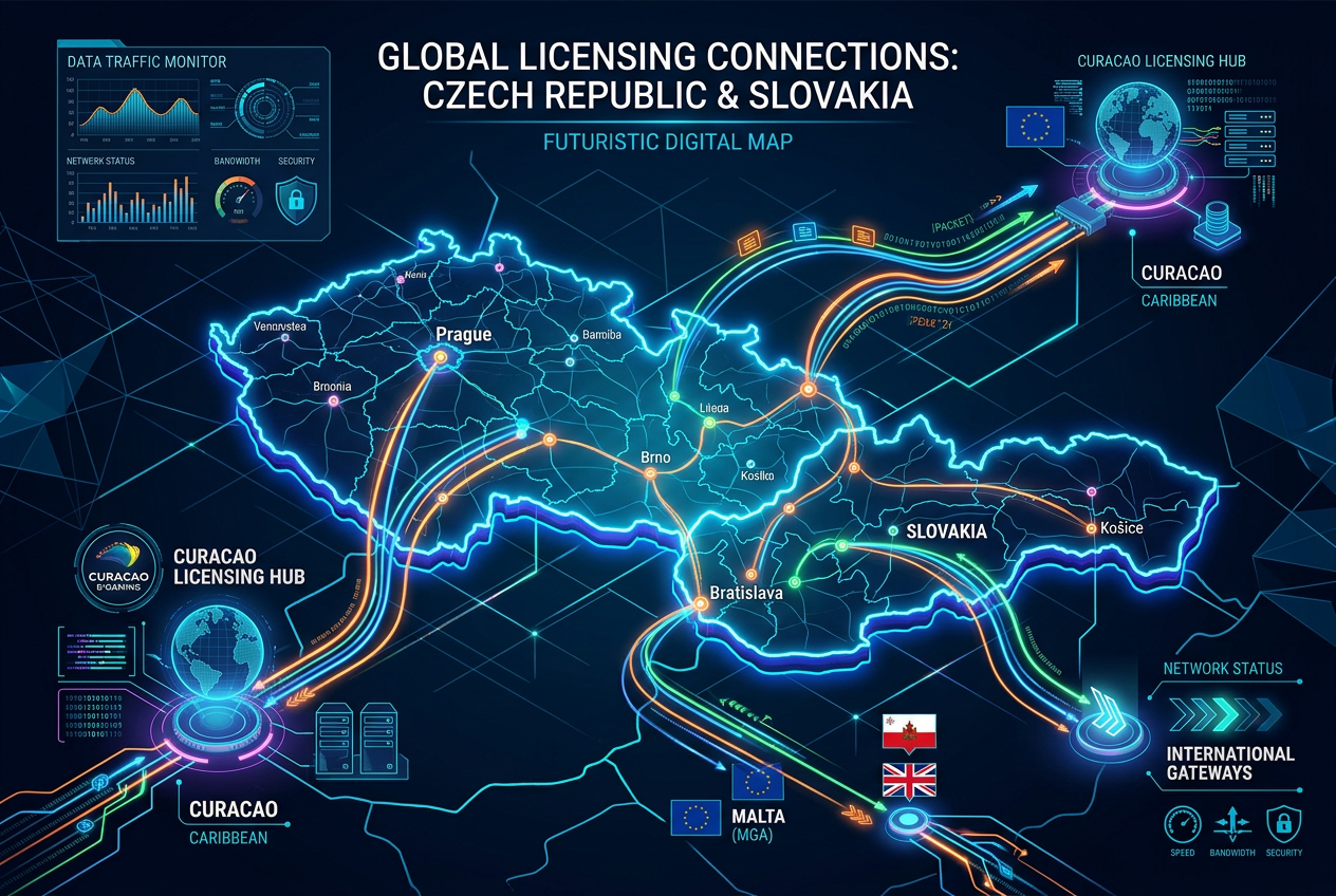 Technické schéma licencování a geofencingu mezi ČR a Slovenskem