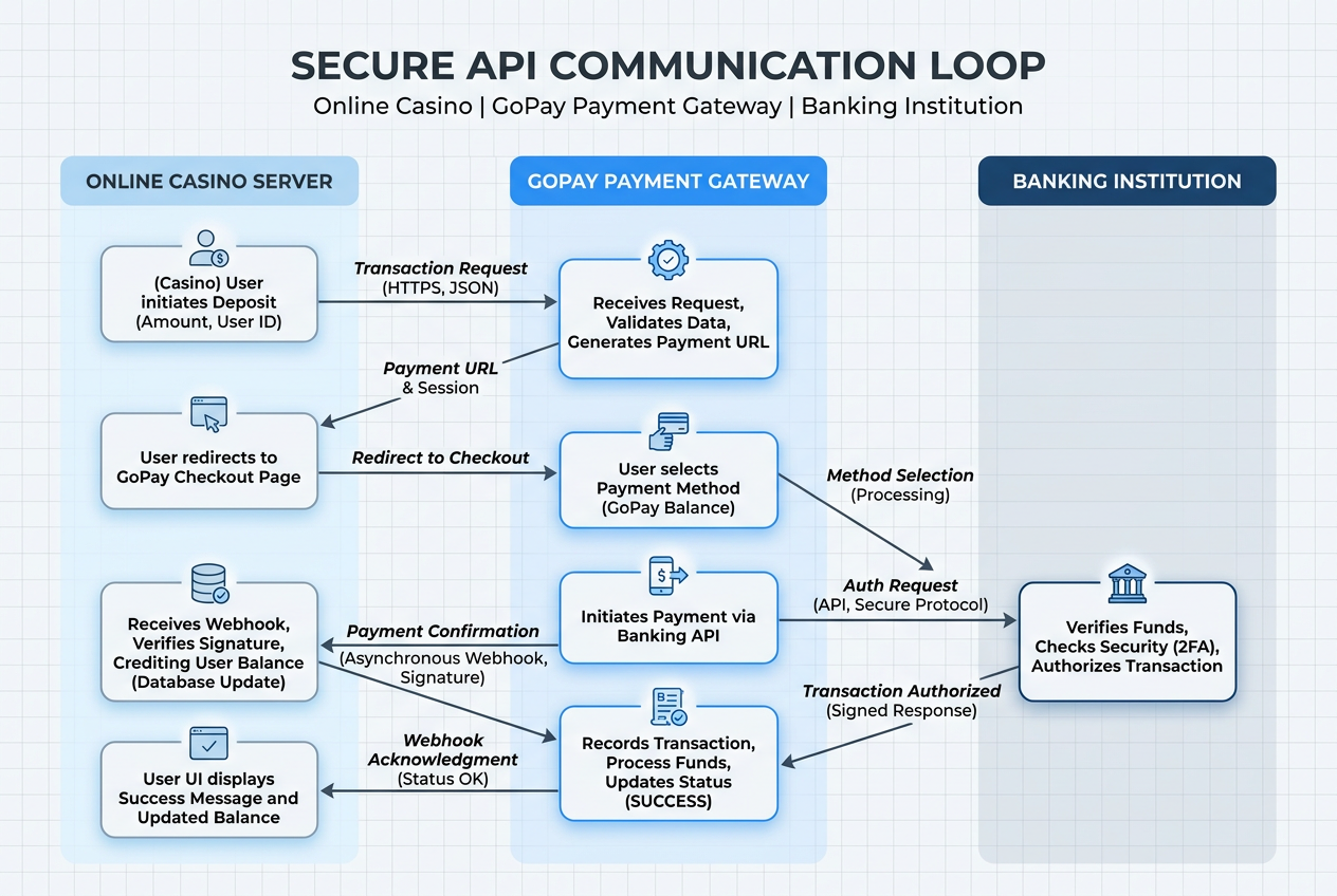 Technical flowchart showing API interaction between Online Casino Server, GoPay Gateway, and Banking Institution