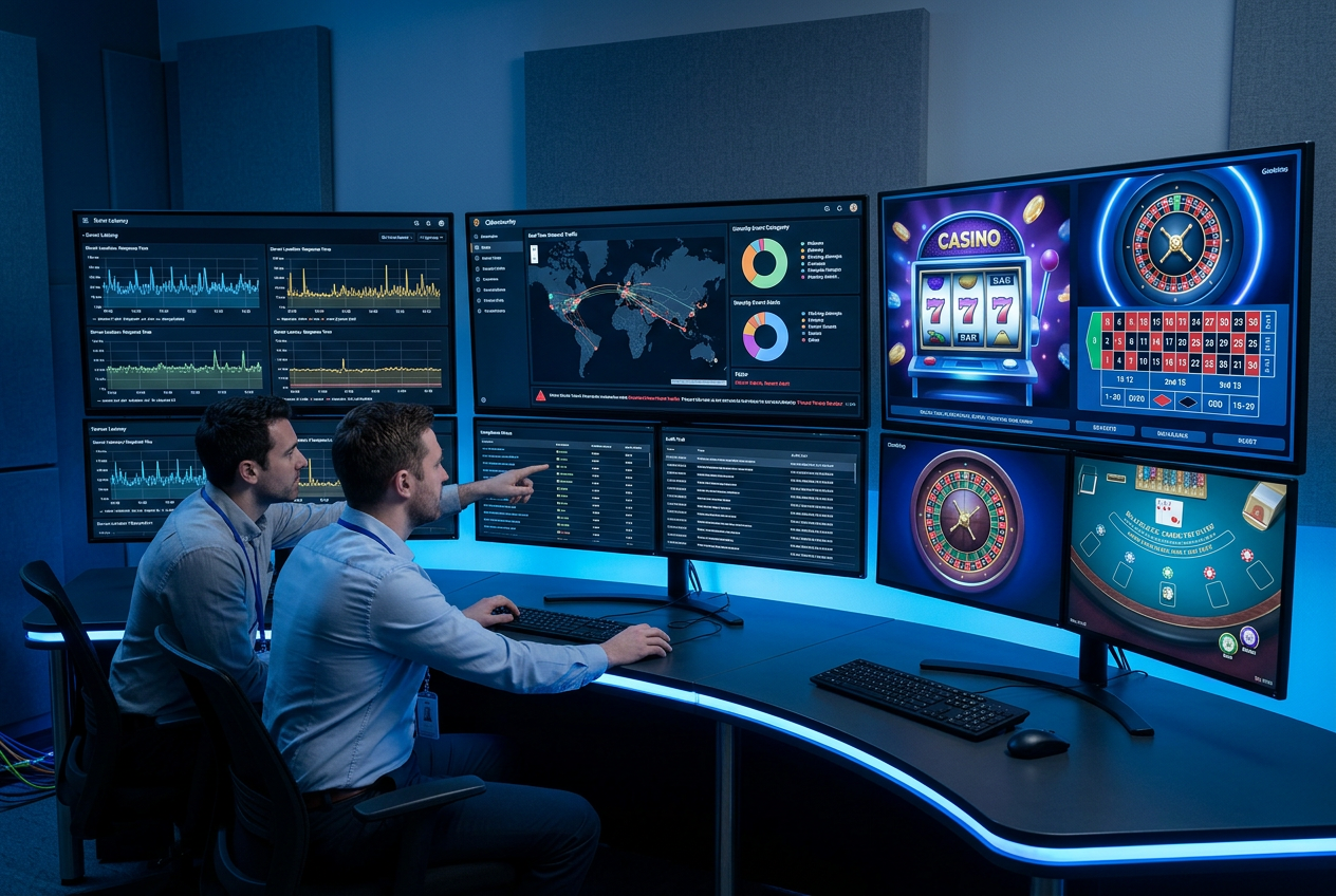 Profesionální IT audit s grafy latence serverů a metrikami kybernetické bezpečnosti pro online casino