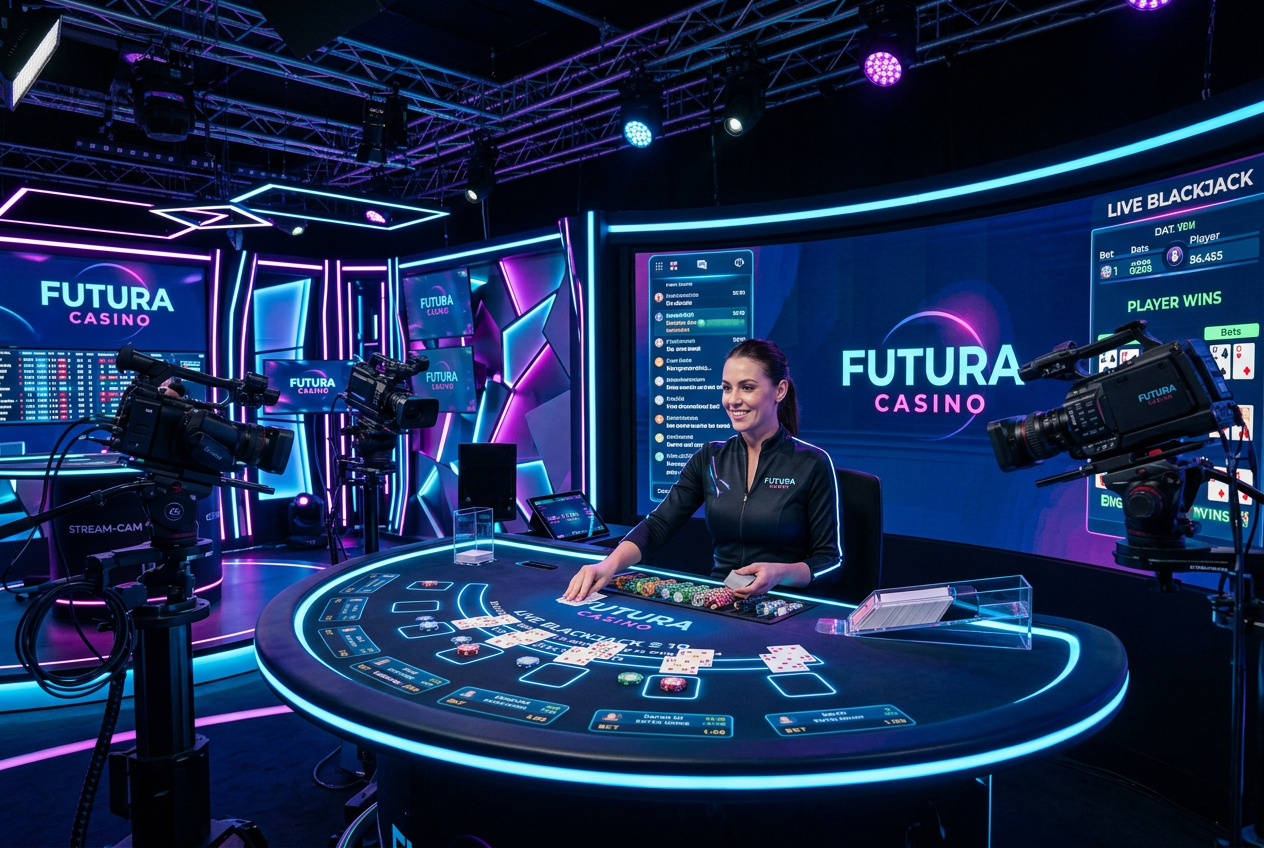 Moderní studio živého kasina s neonovými prvky a technologickým vybavením