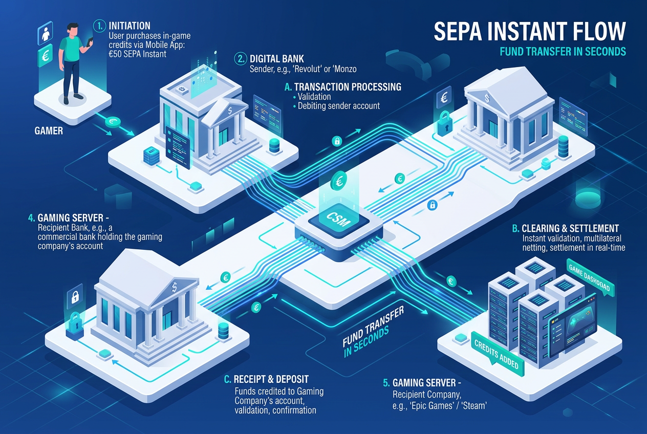 Technické schéma SEPA transakce mezi Revolutem a kasinem