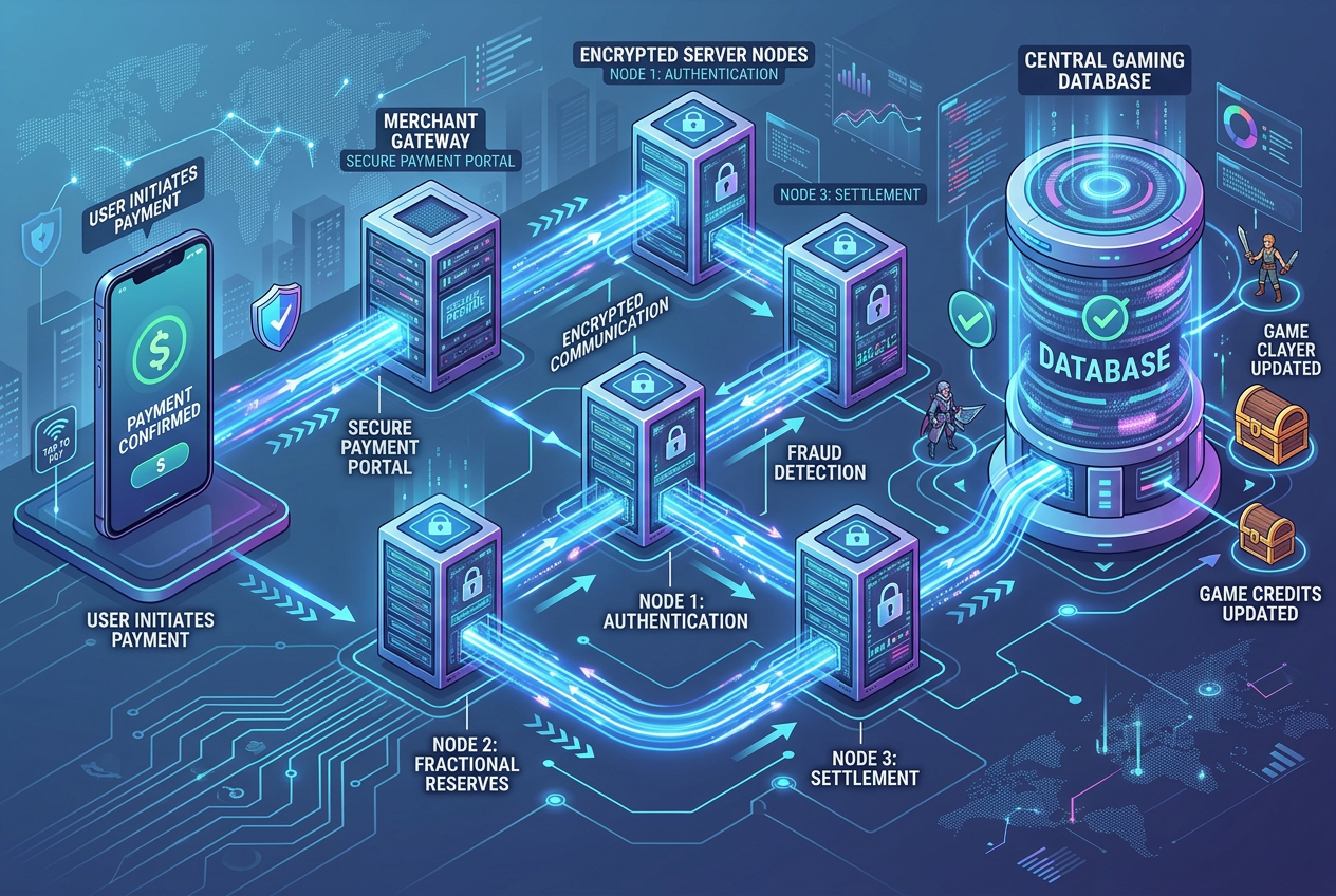 Technický diagram znázorňující transakční cestu z peněženky hráče přes bránu k serveru kasina